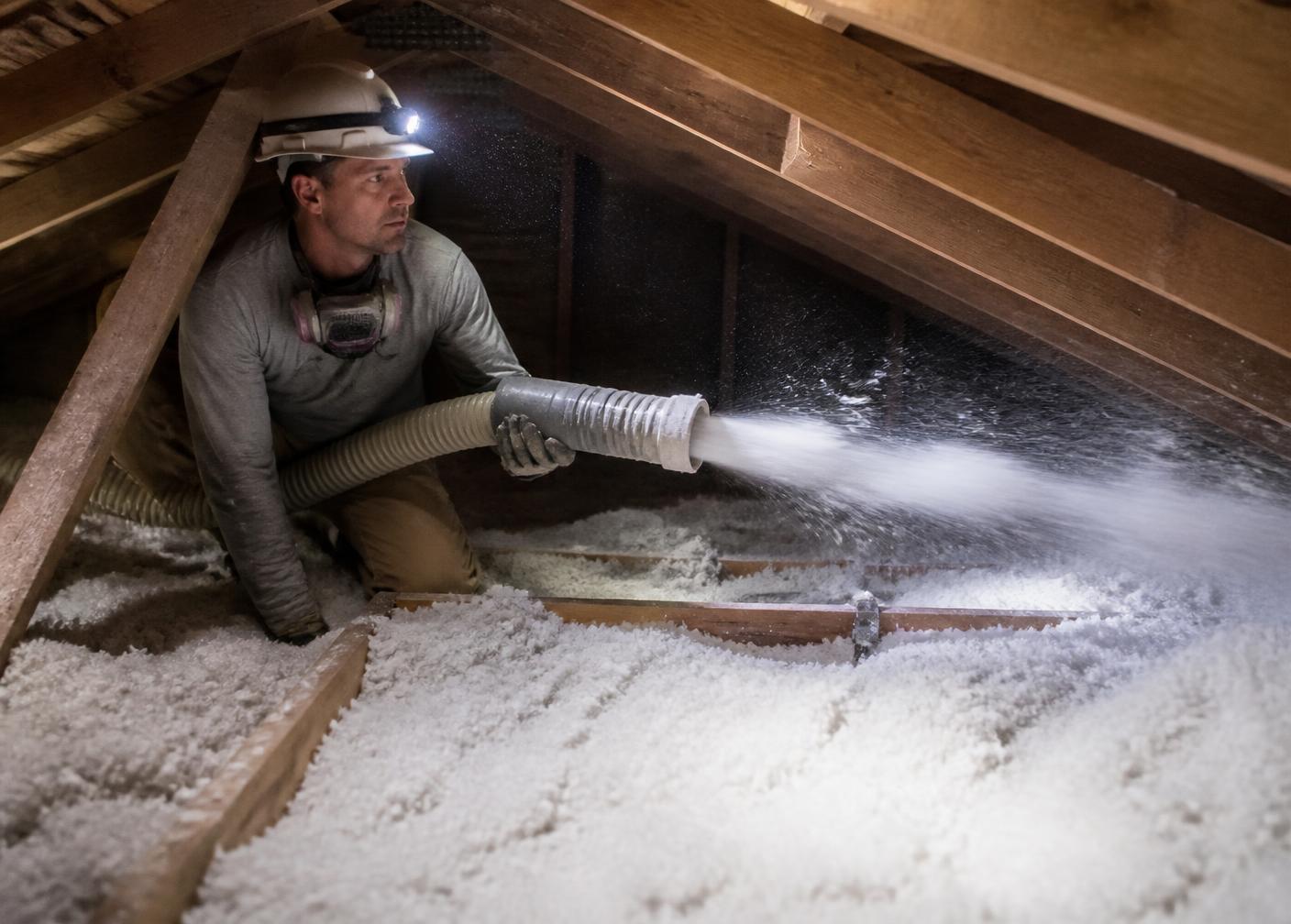 Crew member blowing cellulose insulation into an attic